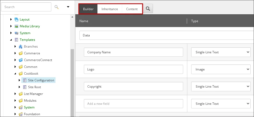 Builder, Inheritance, and Content tabs in the Template Builder.
