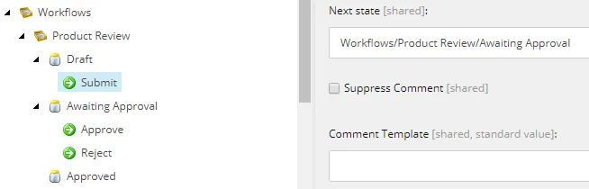 Set the Next state field of the Submit command to the Awaiting Approval state. Set the Next state field of the Submit command to the Awaiting Approval state.