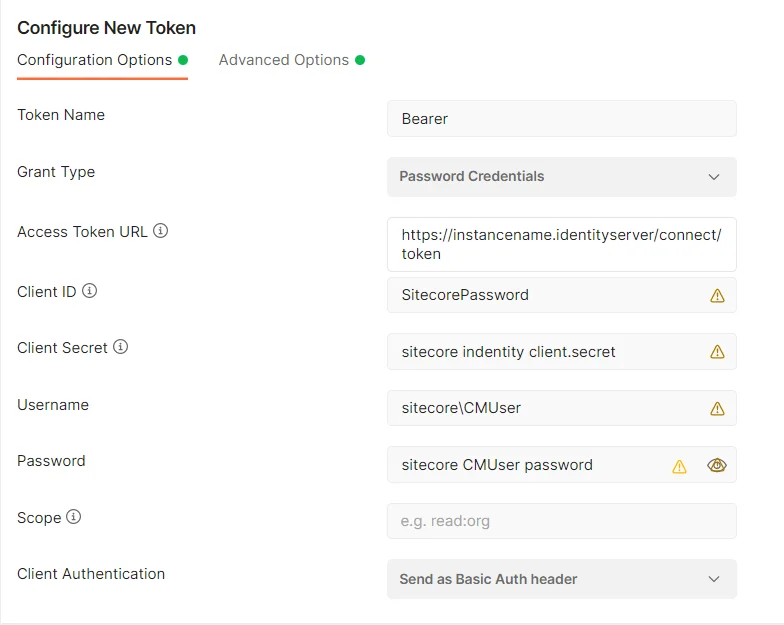 Configure New Token dialog with filled-in form fields Configure New Token dialog with filled-in form fields