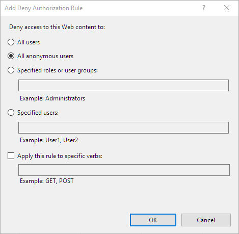 Screenshot showing how to configure an IIS Deny Rule for a folder or file. Screenshot showing how to configure an IIS Deny Rule for a folder or file.