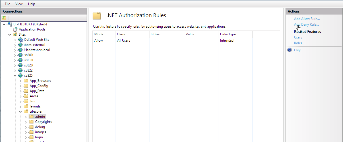 Screenshot showing how to add an IIS Deny Rule to a folder or a file. Screenshot showing how to add an IIS Deny Rule to a folder or a file.