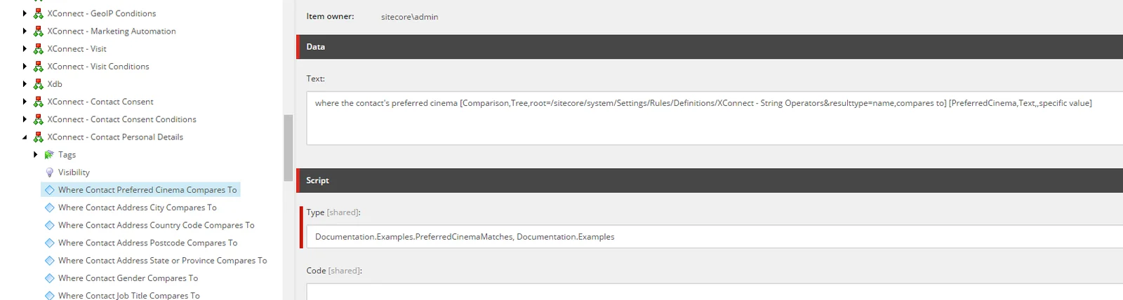 Type and Text fields defined for the preferred cinema condition