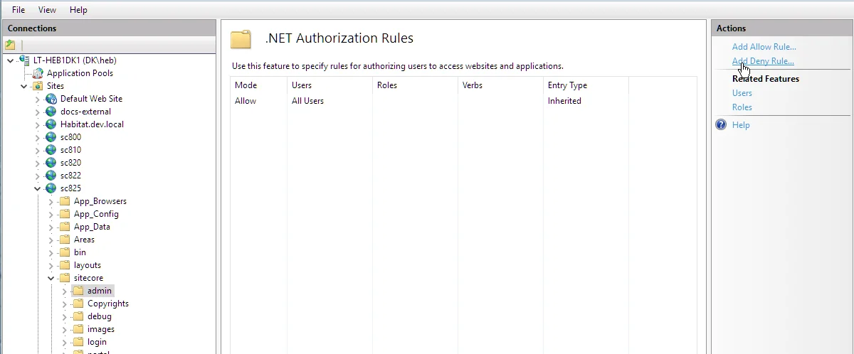 Screenshot showing how to add an IIS Deny Rule to a folder or a file. Screenshot showing how to add an IIS Deny Rule to a folder or a file.