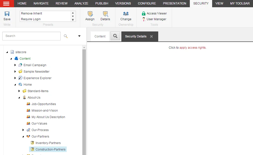 An item with no access rights in the Security Details tab of the Content Editor