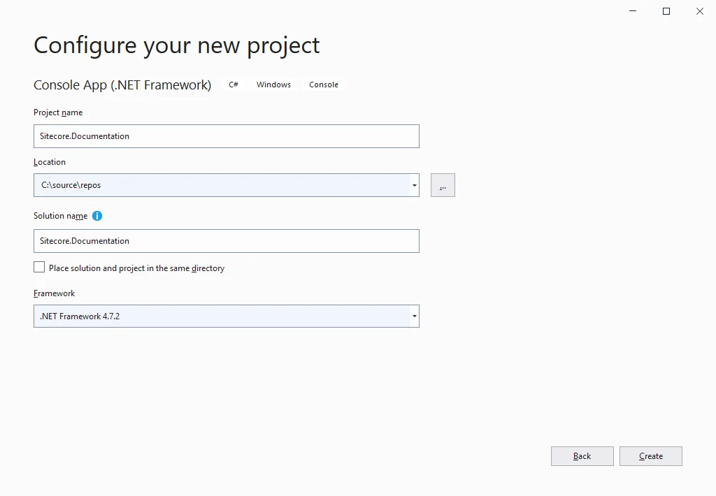 The Configure your new project dialogue box in Visual Studio. The Configure your new project dialogue box in Visual Studio.