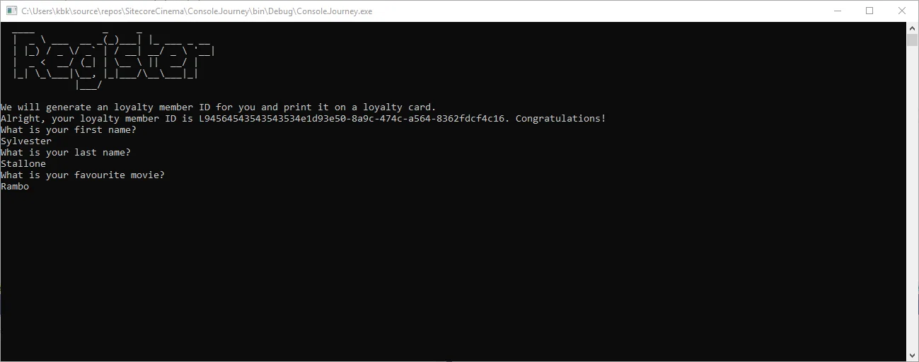 A terminal with the membership registration details in the app output. A terminal with the membership registration details in the app output.