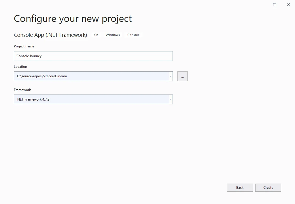The Configure your new project dialogue box in Visual Studio. The Configure your new project dialogue box in Visual Studio.