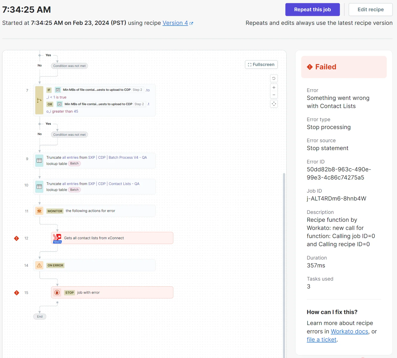 Open a job in Sitecore Connect to check the status of recipe execution