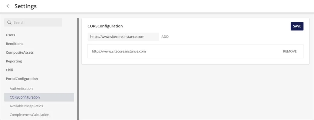 Updating the CORSConfiguration field on the Settings page of the Sitecore DAM menu Updating the CORSConfiguration field on the Settings page of the Sitecore DAM menu