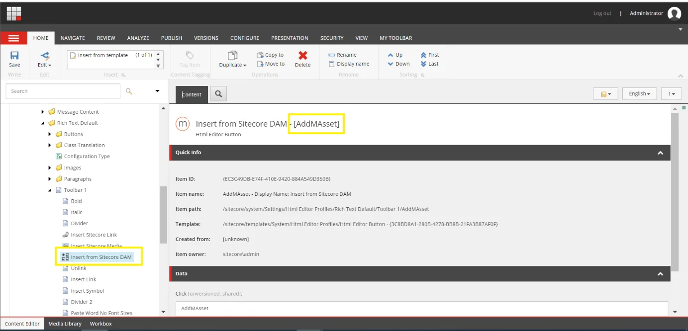 The Insert from Sitecore DAM item in the content tree