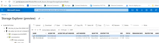 Azure Storage Explorer dialog with uploaded files