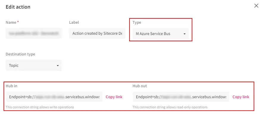 The Edit action dialog box showing the Hub in and Hub out connection strings