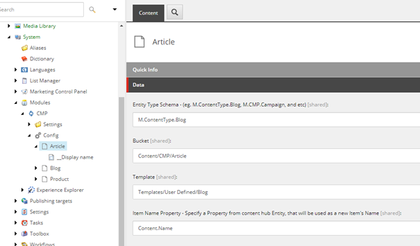 The Data section on the Content tab for the Article entity mapping