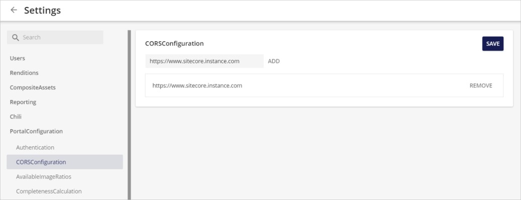 Updating the CORSConfiguration field on the Settings page of the Sitecore DAM menu Updating the CORSConfiguration field on the Settings page of the Sitecore DAM menu