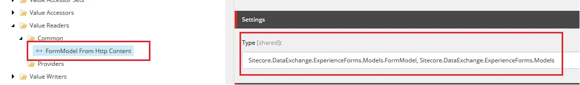 The Type field in the Settings section for the FormModel From Http Content item