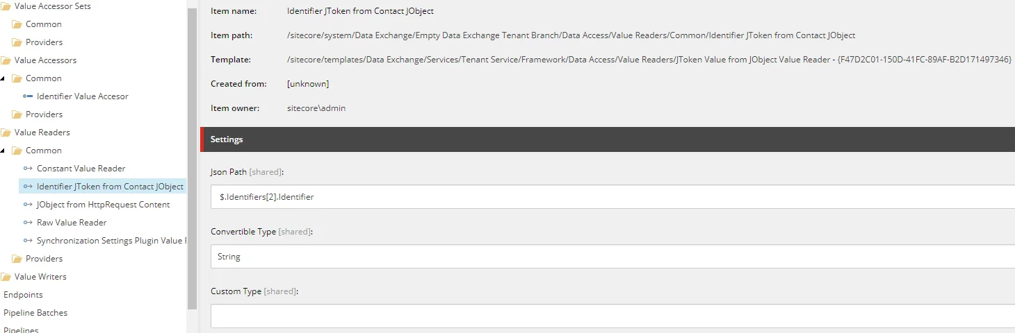 Settings for Identifier JToken from Contact JObject.
