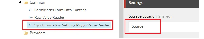 The Storage Location field in the Setting section for the Synchronization Settings Plugin Value Reader item