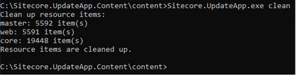 Command prompt window displaying the number of items removed by the update tool