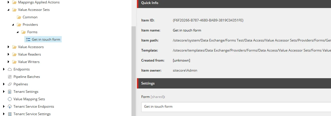 Settings section on the Content tab on the Get in touch form item