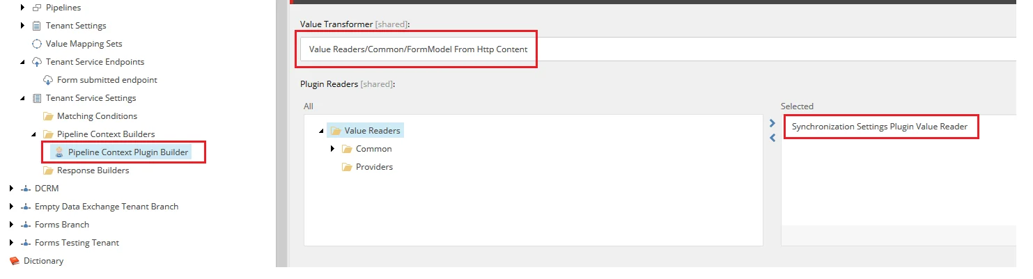 The Plugin Readers field in the Content tab of the Pipeline Context Plugin Builder item