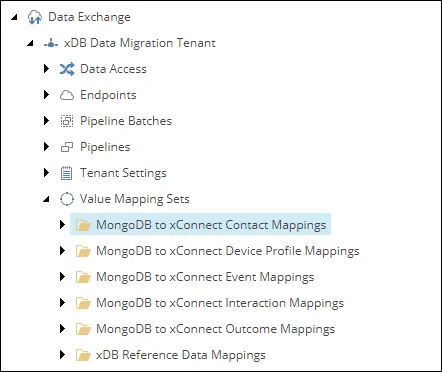 The MongoDB to xConnect Contact Mappings folder in the Content tree.