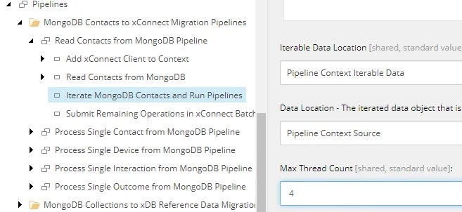 The Iterate MongoDB Contacts and Run Pipelines node in the Content tree.