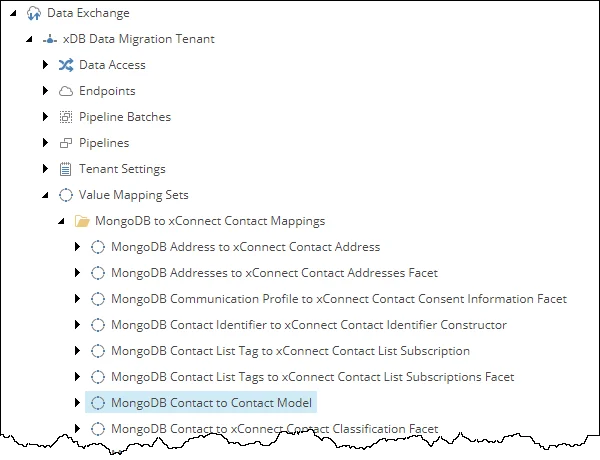 The Value Mapping Sets / MongoDB to xConnect Contact Mappings / MongoDB Contact to Contact Model node in the Content Tree.