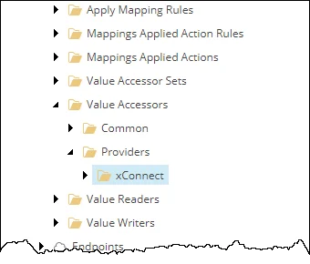 The <tenant> / Data Access / Value Accessors / Providers / xConnect node in the Content tree.