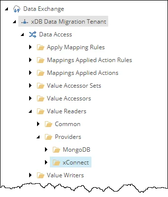 The <tenant> / Data Access / Value Readers / Providers / xConnect node in the Content tree.