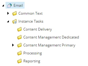 Content Editor showing the Email node and the folders where role-specific tasks are saved.