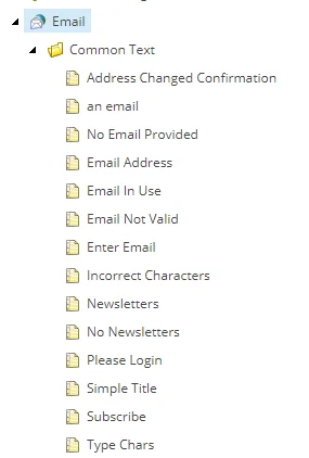 Content Editor showing the Email node where common text and labels can be changed.