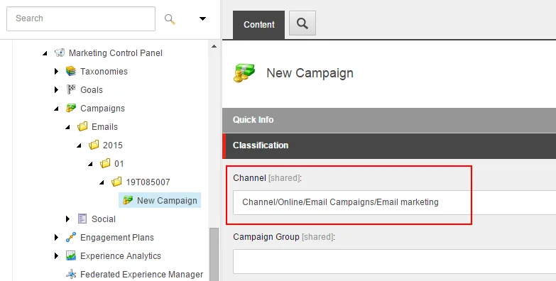 Classification section for a New Campaign showing the channel ID. Classification section for a New Campaign showing the channel ID.