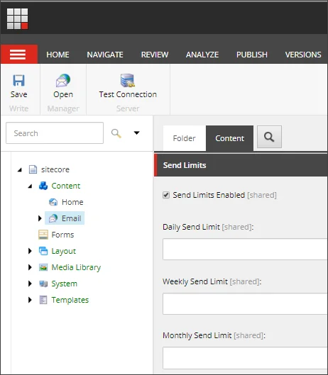 Content Editor showing the Content tab for Email and the Send Limits Enabled checkbox. Content Editor showing the Content tab for Email and the Send Limits Enabled checkbox.