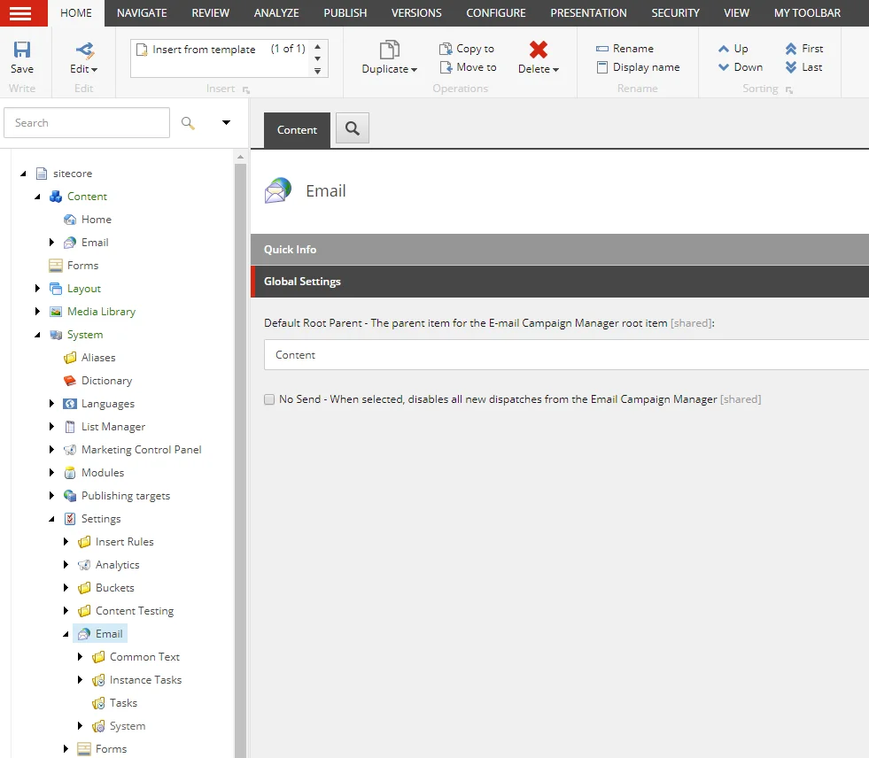 Content Editor showing the global settings for the System Email root item.