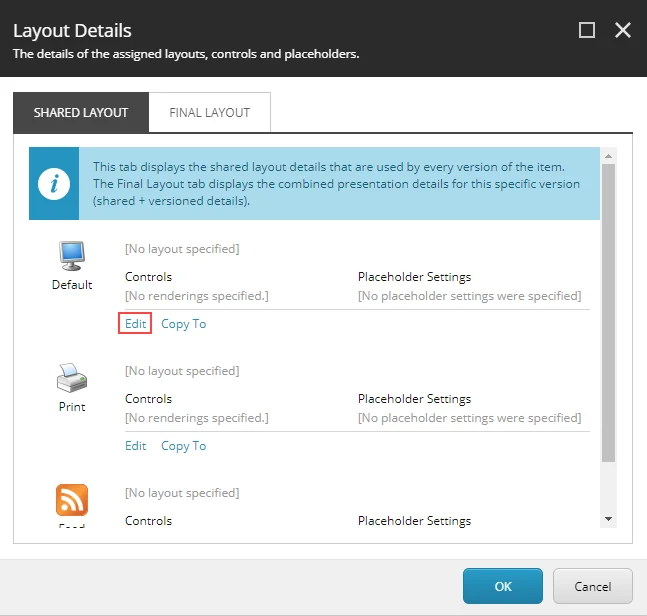 The Layout Details dialog box showing where to edit the settings for Default device.