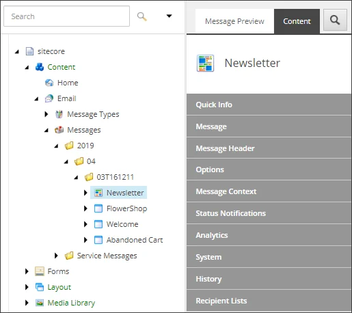 Content Editor showing the Messages folder with specific emails.