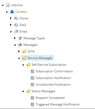 Content Editor Email node showing the Service Messages folder. Content Editor Email node showing the Service Messages folder.