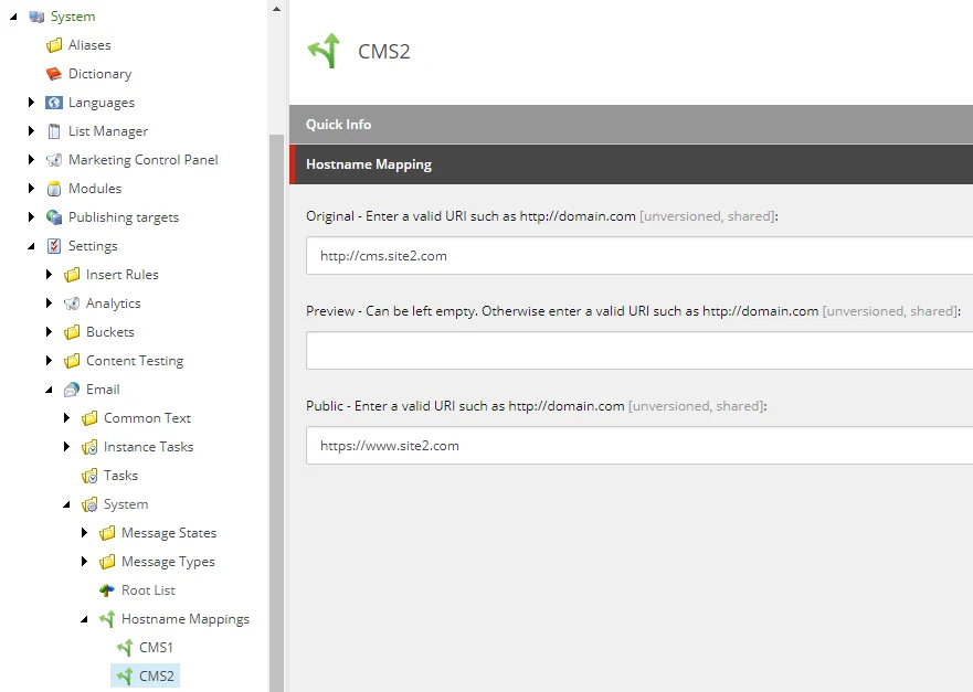 Content Editor Hostname Mapping section.