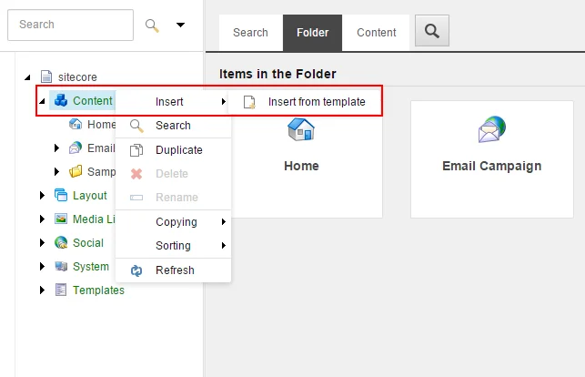 Diagram of how to access the Insert from template command.