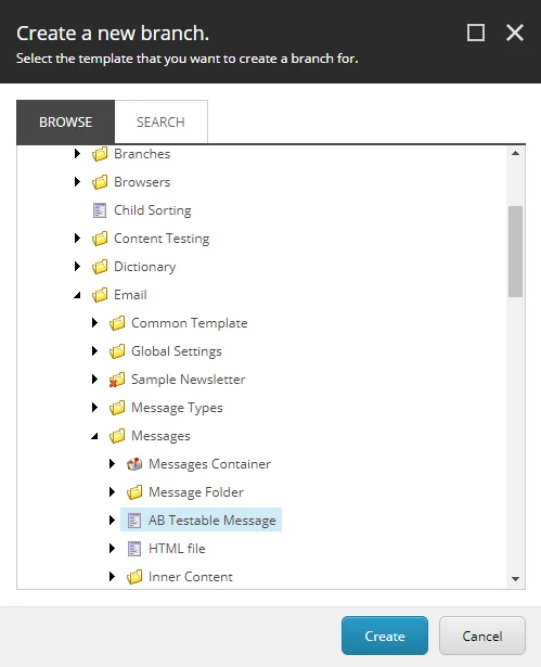 The Create a new branch dialog box showing where to select the AB Testable Message. The Create a new branch dialog box showing where to select the AB Testable Message.
