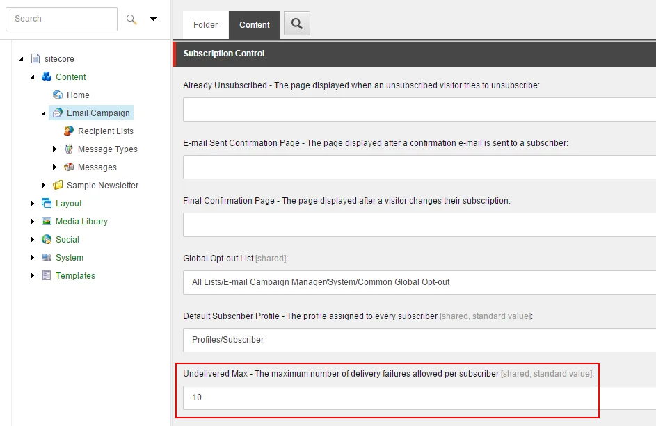 Content Editor Email Campaign node and the Subscription Control section.