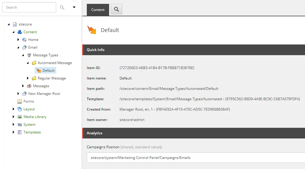 Content Editor Email Message Types Default item.