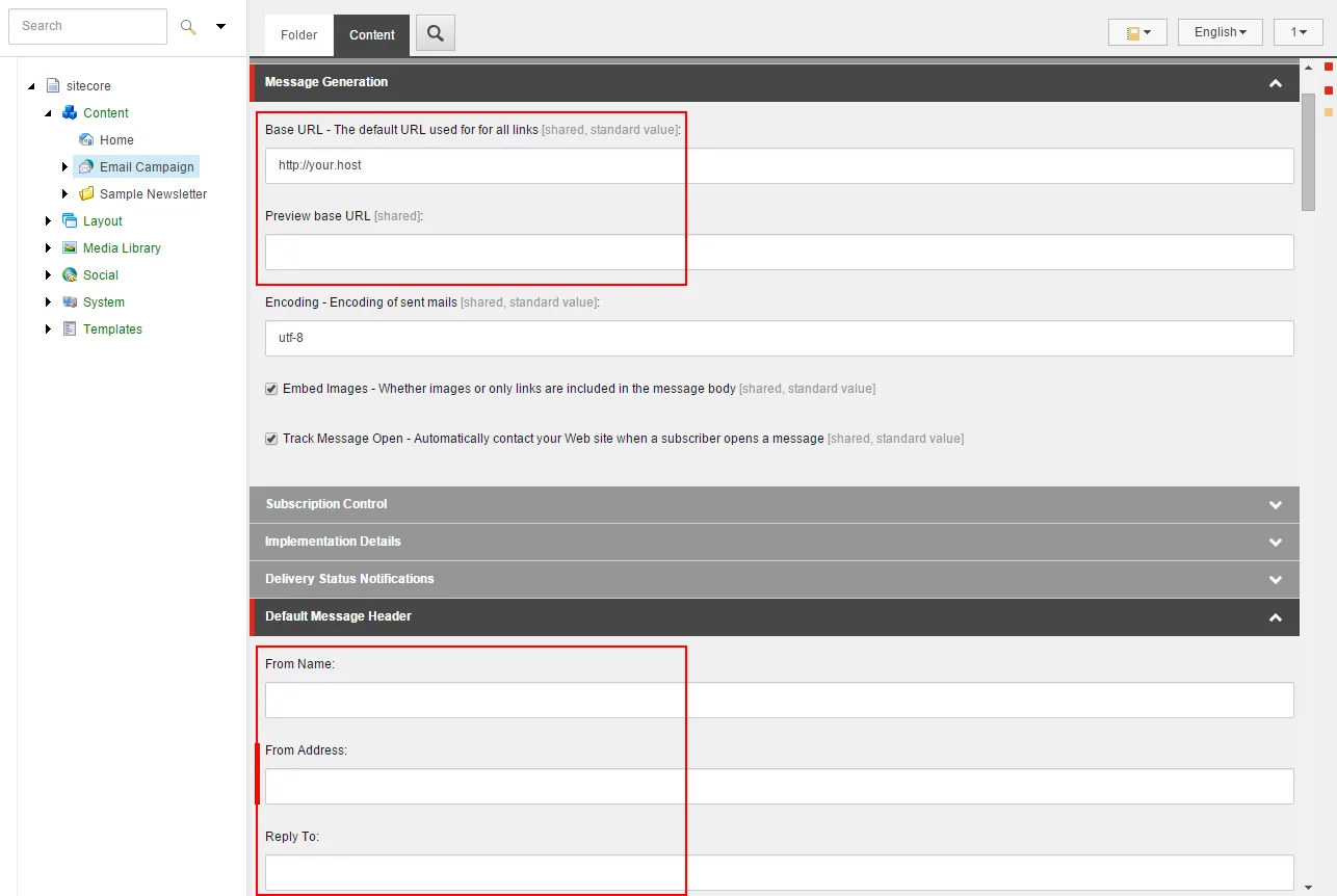 Content Editor showing the Email Campaign node and Content tab.