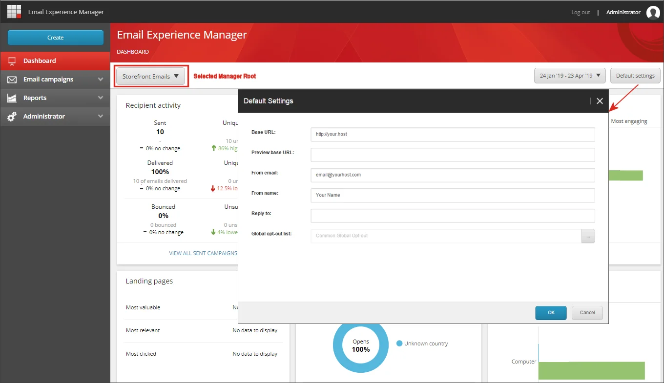 Email Experience Manager dashboard showing how to change the Manager Root.
