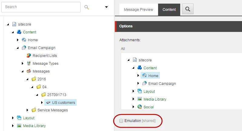 Content Editor Content tab Emulation check box.