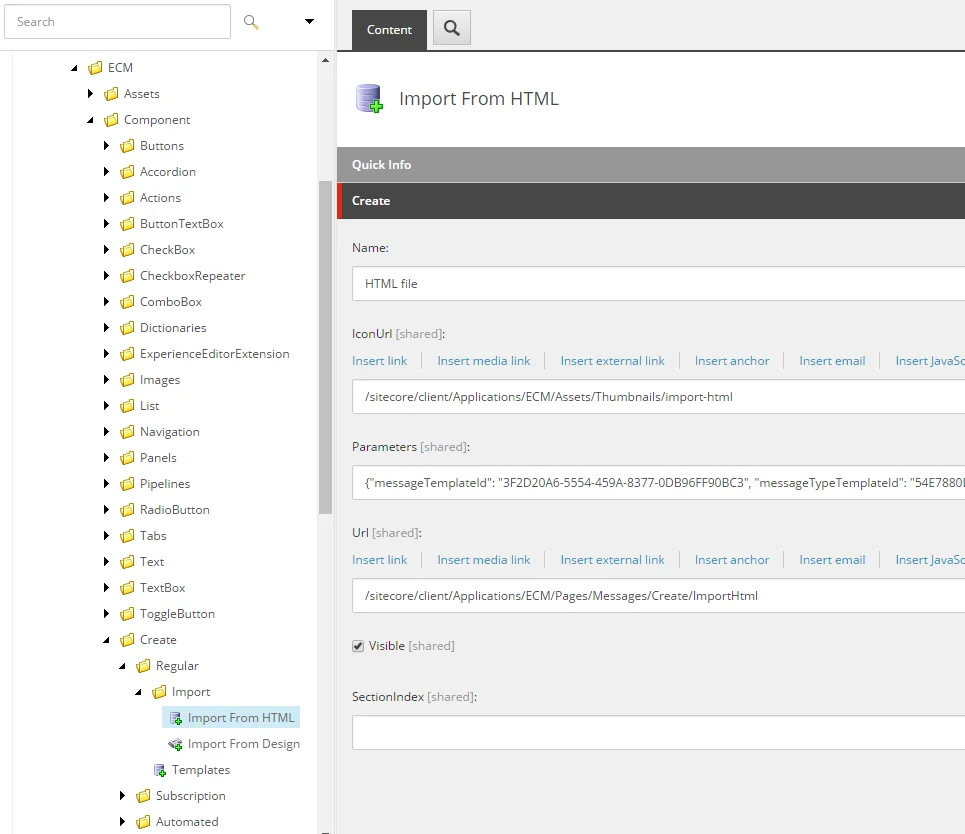 Import from HTML accessed from the content tree.