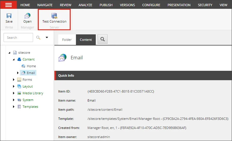 Content Editor Email root Test Connection button.