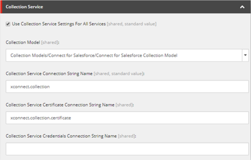 Connection string fields in the Collection Service section of a tenant