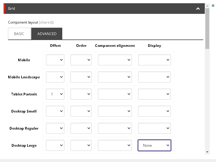 Example of enabling a setting that hides the chosen component if a visitor is on a large desktop.
