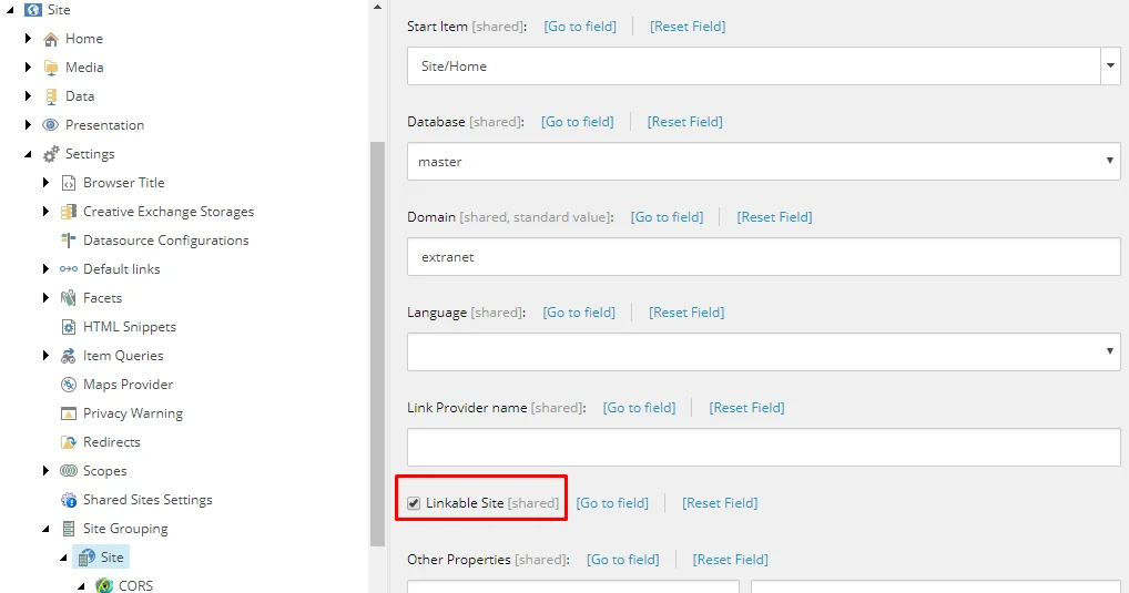 Linkable Site checkbox